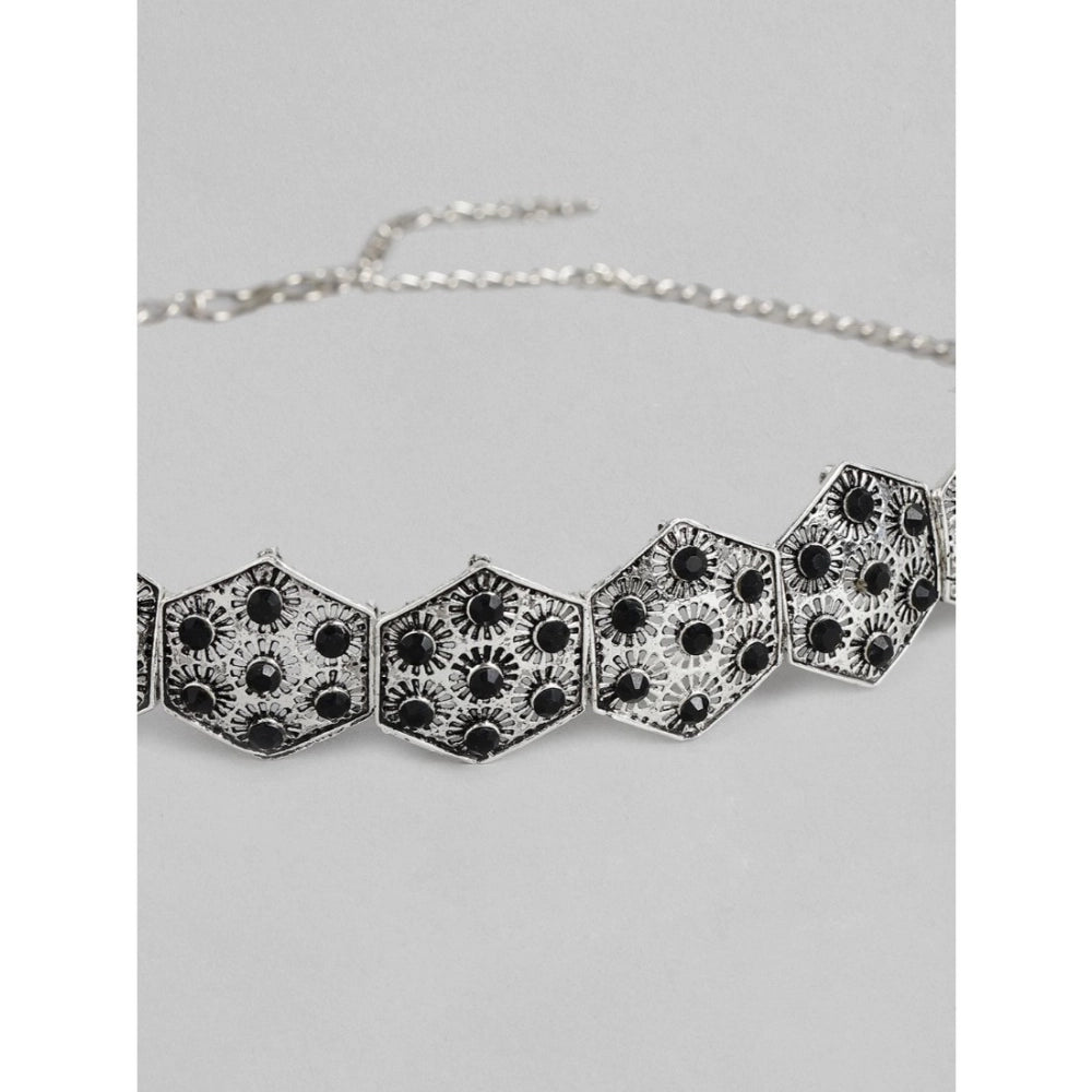 Women's Rose Gold Plated Alloy Choker (Silver &amp; Black)