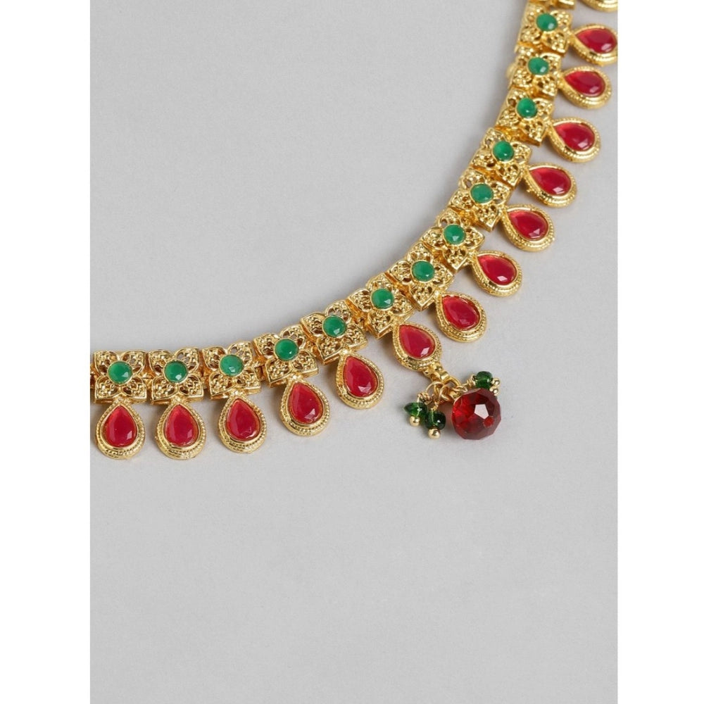 Women's Rose Gold Plated Alloy Necklace &amp; Earings Set (Green &amp; Red)