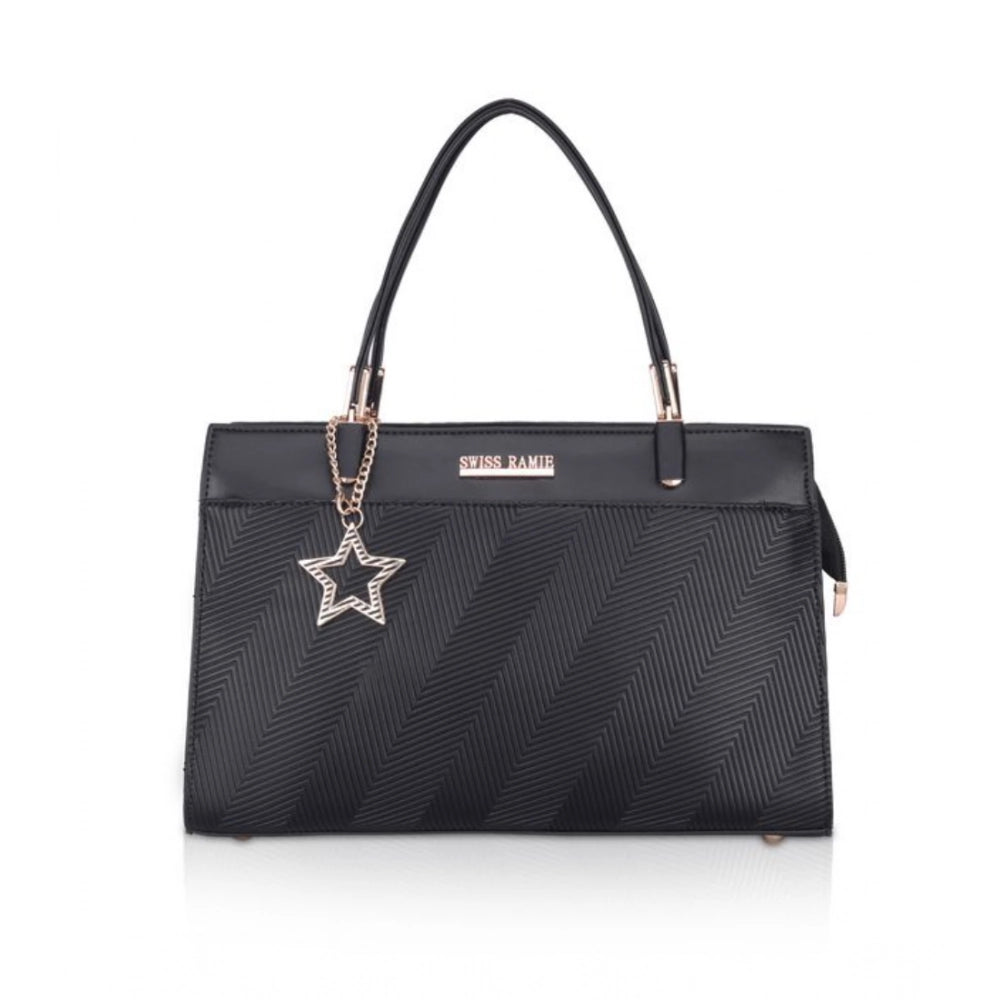 Women's Faux Leather Textured Adjustable Long Belt Handbag (Black)