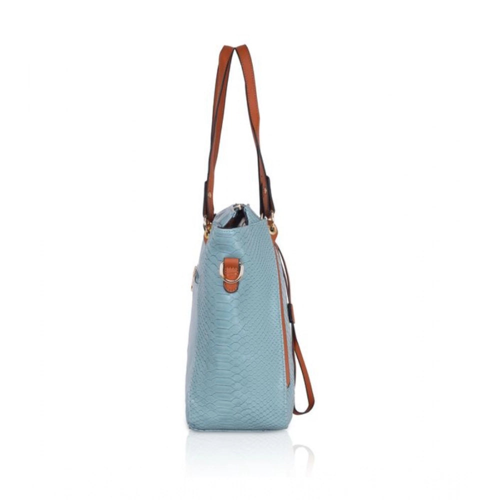 Women's Faux Leather Textured Tote Bag (Blue)