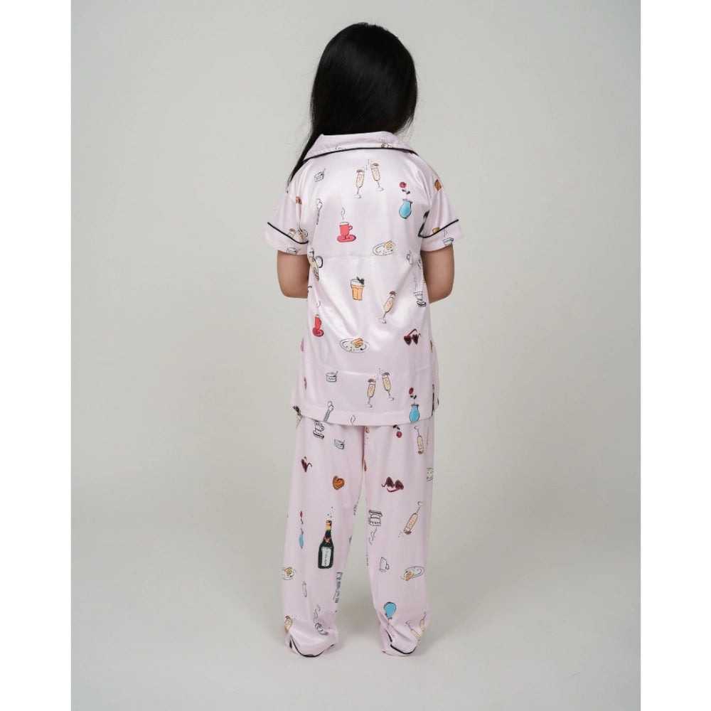 Girl's Silk Bleand Printed Short Sleeve Night Suit Set (Light Pink)