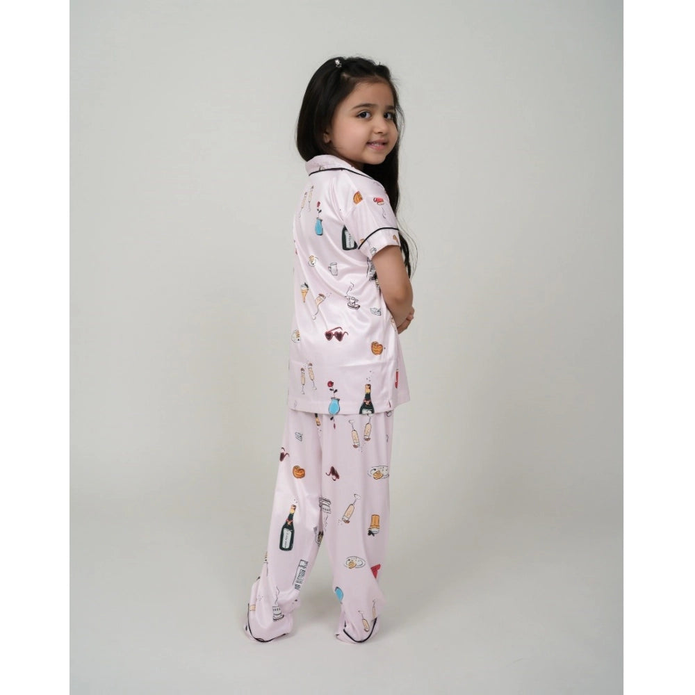 Girl's Silk Bleand Printed Short Sleeve Night Suit Set (Creem)
