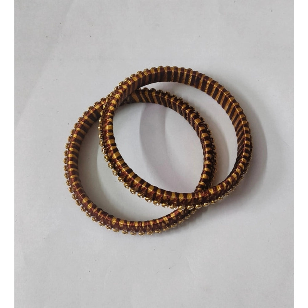 Women's Plastic Silk Thread Bangles (Gold-Dark Brown, Size: 2.6)