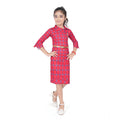 Girl's Knitted Printed 3/4 th Sleeve Close Neck Dress (Pink)