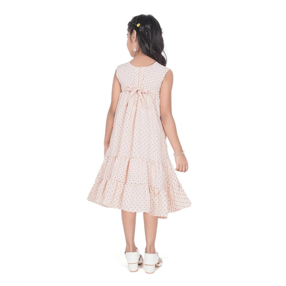 Girl's Slub Printed Sleeve Less Round Neck Dress (Brown)