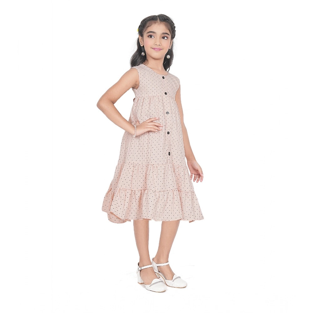 Girl's Slub Printed Sleeve Less Round Neck Dress (Brown)