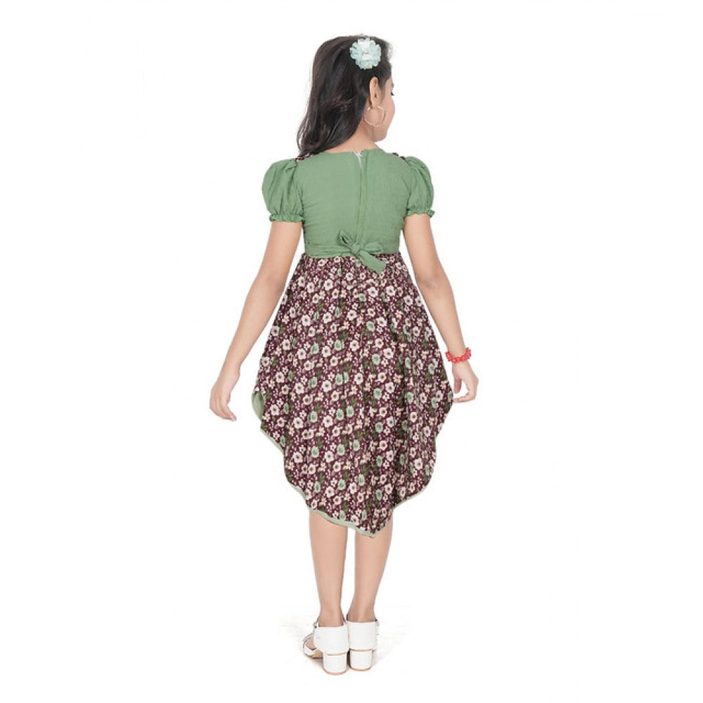 Girl's Twill Printed Short Sleeve Round Neck Dress (Green)