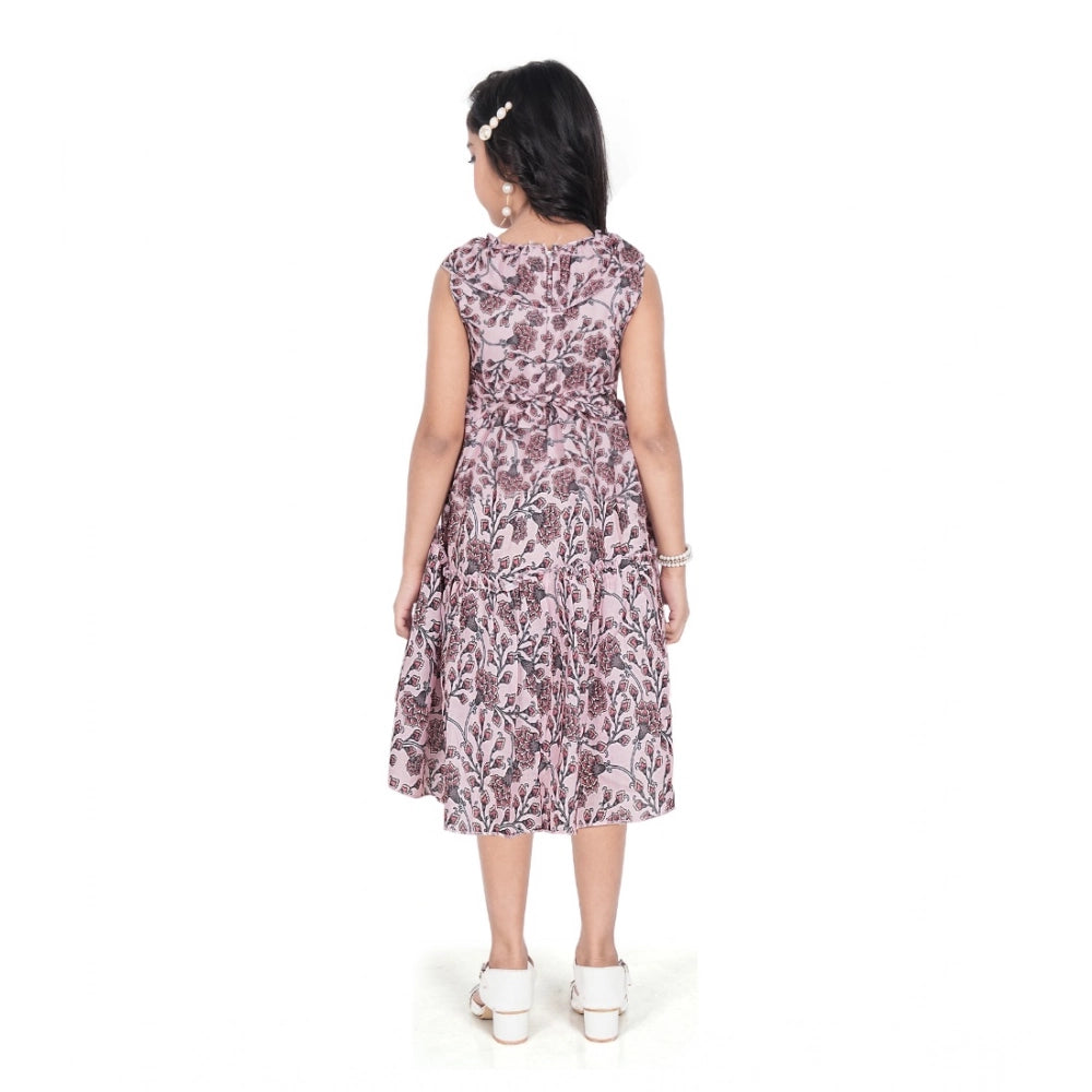 Girl's Digital Slub Printed Sleeve Less Round Neck Dress (Brown)