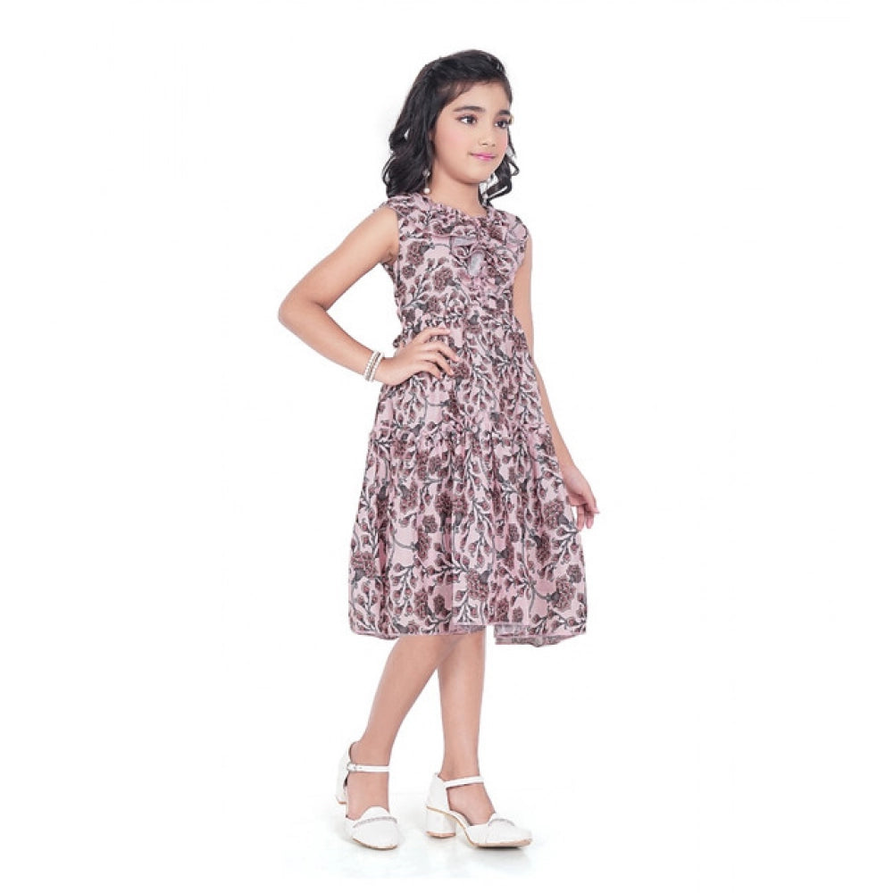 Girl's Digital Slub Printed Sleeve Less Round Neck Dress (Brown)