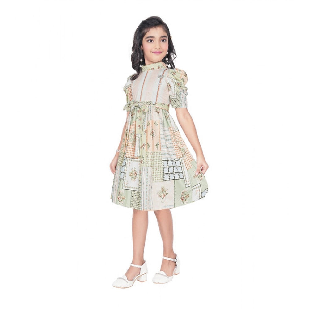 Girl's Digital Knitted Printed Half Sleeve Close Neck Dress (Light Green)