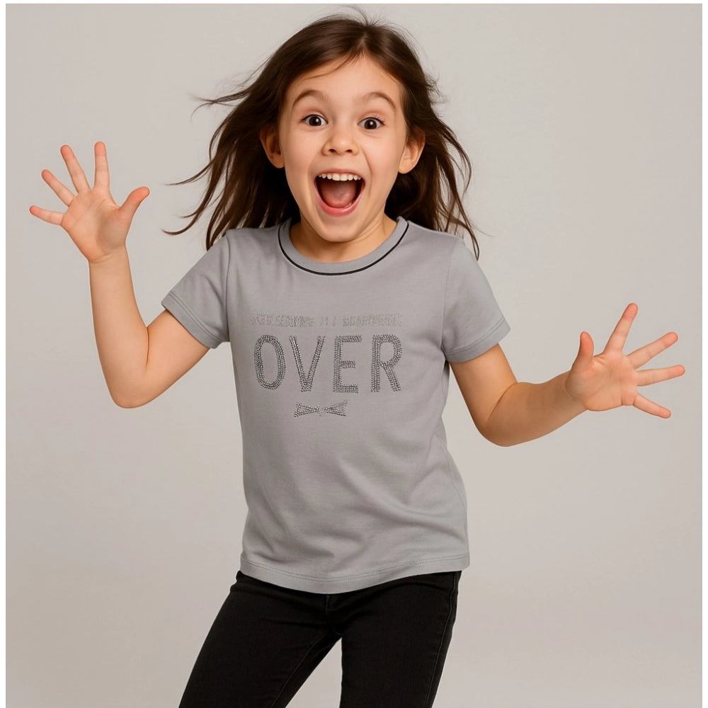 Girl's Cotton Printeded Round Neck T-Shirt (Grey)