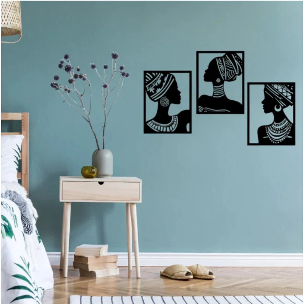 African Elegance Wooden Wall Decor – Set of 3 Panels (Black)