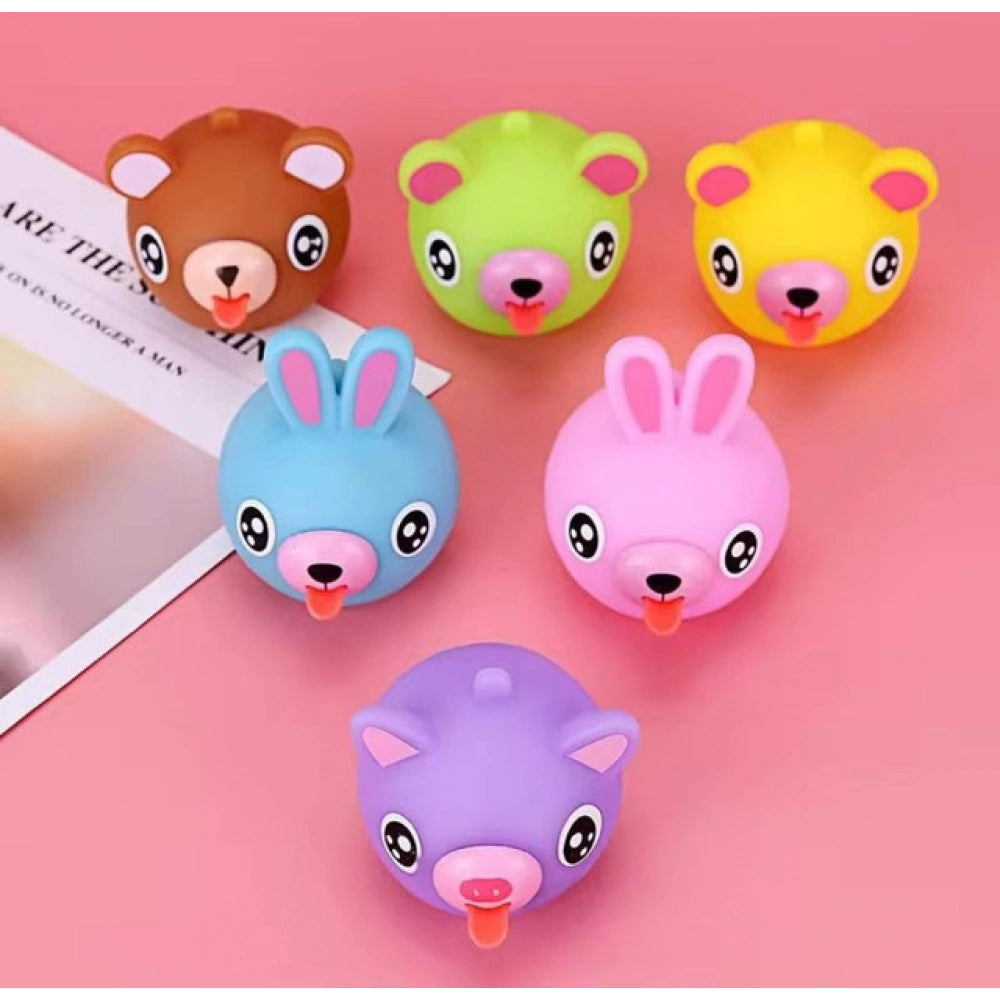 Pack Of 5 Rubber-PVC Animal Faces Squishy Squeeze Stress Balls (Multicolor)